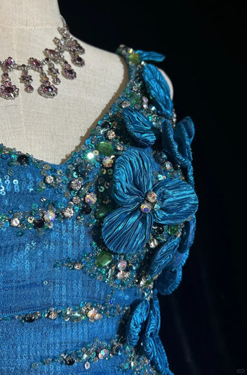 Niulatu Asymmetric Neck Mermaid Long Prom Dresses Vintage Tulle Sequin Blue Evening Dress Applique Sweet 16 Dress HZ1026